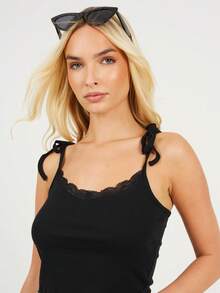 brave soul Tie Strap Vest With Lace Deail - Black - View 4