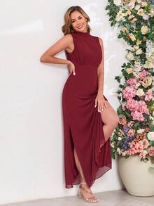 优雅女士经典优雅雪纺无袖高领长款伴娘礼服，适合婚礼活动、毕业典礼、晚宴 - 酒紅色 - 查看 3