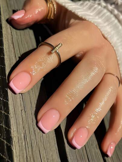 Get Glamorous With 24Pcs Short Square Shape Press-On Gel Nails Fresh And Sweet Style Cute Tender Pink French Powder Translucent Base Color Full Coverage Fake Nail Kit For Women And Girls Includes 1Sheet Adhesive Tabs & 1Pc Mini File Strip Jelly Gel Random Shipment Nail Supplies Nails