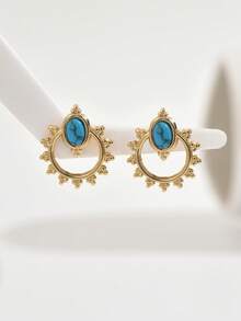 1 Pair Fashionable, Exquisite, And Elegant Hoop Earrings Inlaid With Blue And Green Gemstones, Unique Design With Exotic Charm And Classic Elegance, Suitable For Daily Wear - Yellow Gold - View 6