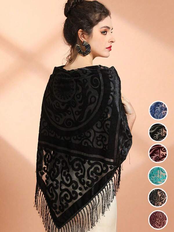 New Retro Velvet Jacquard Fringe Square Scarf For Women With Elegant Temperament, Cashew Jacquard Scarf For Daily Qipao, Evening Dress, Air-Conditioned Room Shawl, And Holiday Gifts