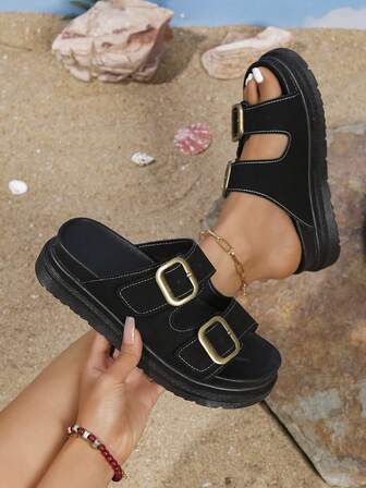 Women's Double-Buckle Design Sandals, Fashionable Slip-On Thick Sole Sandals, Comfortable Summer Shoes For Koningsdag/King's Day