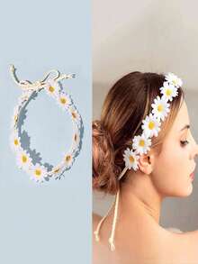 1 件女士手工编织 11 朵雏菊花头带，向日葵风格旅行度假海滩花环发带，可爱简约优雅发饰，适合日常佩戴头巾头带吸汗带