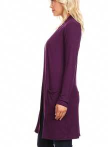 Classic Open Front Long Sleeve Cardigan With Side Pockets  Plain  Casual    Pocket      Daily - 李子 - 查看 3