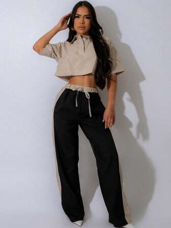 2pcs Women's Fashionable Striped Collared Button-Up Top And Elastic Waist Striped Patchwork Straight Leg Pants Set