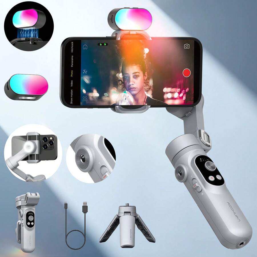 AOCHUAN Smartphone Gimbal Stabilisator, 3-Achsen Handstabilisator, eingebautes magnetisches Sieben-Farben-RGB-Fülllicht, faltbar und tragbar, KI-Gesichtsverfolgung, Objektkörperverfolgung, Fokus-/Zoomsteuerung, geeignet für Videoaufnahmen/Vlogs/Videoinhalte-Ersteller, verwendet für Konzerte, Frühlingsreisen, Fotografie, Bergsteigen, kreative Apps und Live-Übertragungen, multifunktionaler intelligenter 3-Achsen-Handy-Gimbal-Stabilisator kompatibel mit iPhone Android-Handy, stabilisierter Vlogging-Handy-Stabilisator Nan ActiveTrack