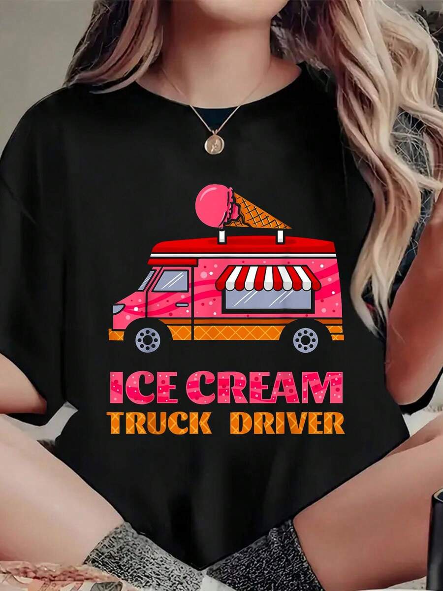 Ice Cream Truck Driver Sweet Frozen Dessert Sorbet Lover T-Shirtprint T-Shirt, Casual Crew Neck Short Sleeved Summer Top - 黑色 - 查看 1