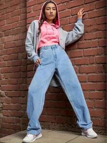 Jeans de Pierna Ancha y Tiro Alto para Mujer en Tallas Grandes - Vaqueros Azules Cómodos y Casuales con Bolsillos, Corte Holgado para Atuendo Diario, Moda Cotidiana | Jeans Altos | Textura Brillante - azul real - Ver 5