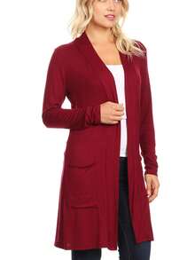 Classic Open Front Long Sleeve Cardigan With Side Pockets  Plain  Casual    Pocket      Daily - 酒紅色 - 查看 2