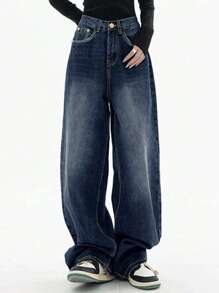 Jeans vaqueros de pierna ancha y lavados casual para mujer