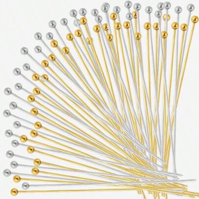 50 st. PVD 18k guldpläterade 15-70 mm rostfritt stål böjbara platta huvudnålar för att tillverka armband, halsband och örhängen 15-70 mm långa gyllene rostfria stål 9-formade nålar/T-formade nålar/kulnålar, hög färgbeständighet, bleknar inte, kan böjas och klippas, används för handgjorda DIY-armband, halsband, örhängesmycken, handgjorda smyckestillbehör material metalländnålar för hantverk örhängen armband halsband hängen leveranser