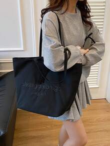 Letter Print Large Capacity Canvas Tote Bag, Fashion Handbag, Versatile Shoulder Bag For Women, Casual Commuter Bag, Spacious School/Office Bag - Black - View 11