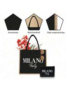 Linen Tote Bags And Small Bags With "Milano" White Letter Print, Coin Purse And Tote Bag Combination, Personalized Gift Packaging, Large Capacity Portable Casual Storage Handbags, Supermarket Shopping Bags. Multifunctional Portable Teacher Handbags, Holiday Shoulder Bags, Suitable For Daily Commuting, Business Trips, Beach Vacations, Can Be Given As Gifts To Friends, Family, Birthday Gifts, Mother's Day Gifts, Teacher's Day Gifts.