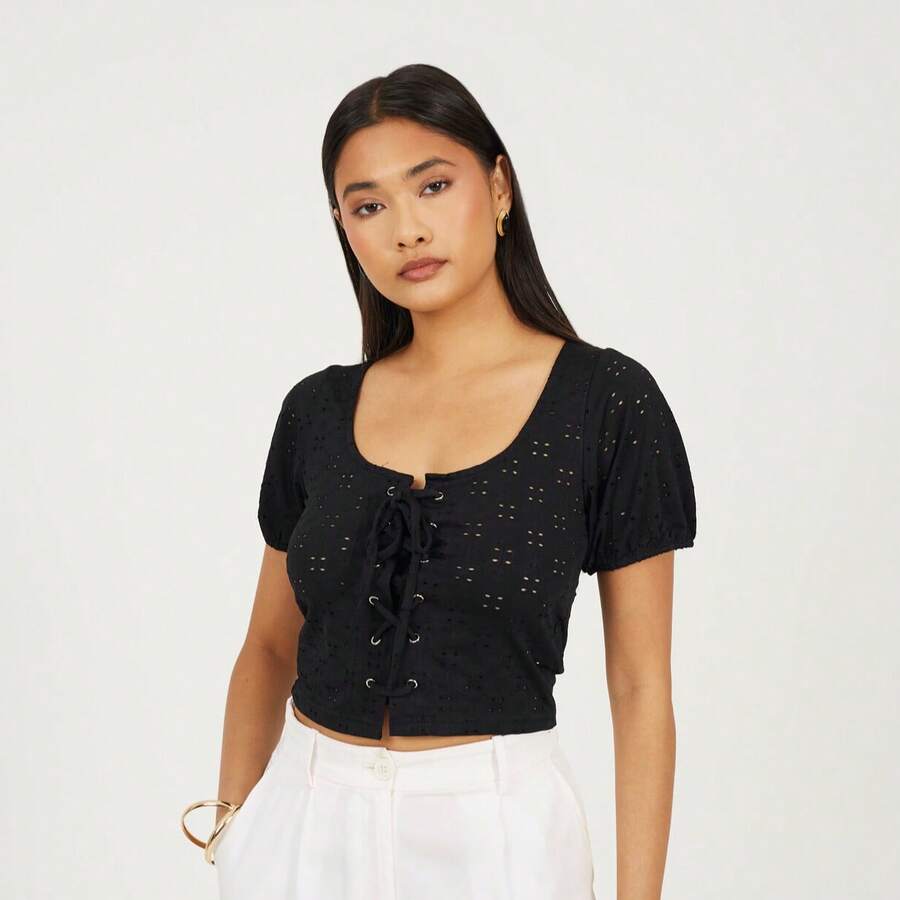 brave soul Broderie Tie Front Shirt - Black - View 1