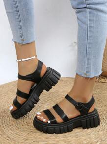 Damen Sandalen in Große Größen mit einfarbigem, dickem Absatz - Bequeme Sandalen mit dicker Sohle und offenem Zehenbereich, verstellbarem Riemen, rutschfester Gummilaufsohle - vielseitige Sommersandalen für Sport und Mode