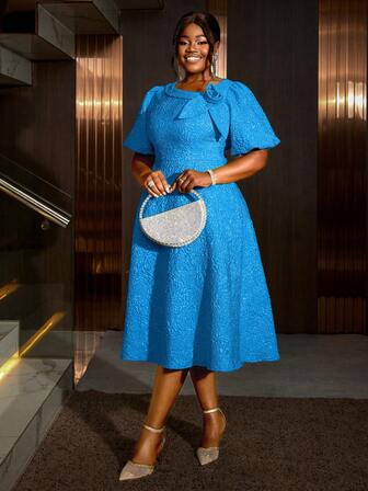 Women Plus Size Rose Jacquard Flared Puff Sleeve A-Line Dress, Suitable For Commuting, Elegant Cocktail Semi Formal Prom Dress, For Birthday, Wedding Guest, Graduation, Dinner, Homecoming