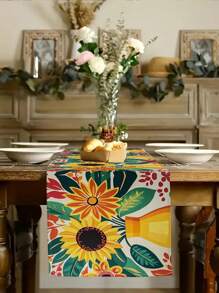 1pc Modern Sunface, Sunflower, Coconut Tree Printed Tablecloth, Kitchen Dining Room Decor, Holiday Decor, Home Gathering Decor, Home Decor, Scene Decor, Outdoor Dining Table, Coffee Table Decor