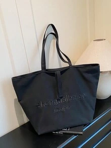 Letter Print Large Capacity Canvas Tote Bag, Fashion Handbag, Versatile Shoulder Bag For Women, Casual Commuter Bag, Spacious School/Office Bag - Black - View 2