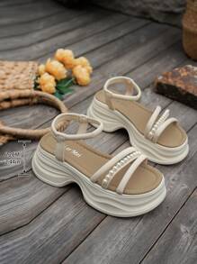 Women Summer New Platform Wedge Sandals, Thick Sole Increase Height Slimming Classic Versatile Half-Toe Beach Holiday Shoes, Crystal Decor Pearl Slides Mules