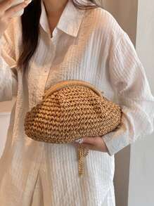 Fashion Design Straw Bag For Women, Popular Fashion Niche Woven Mori Style Artistic Style Chain, Shoulder Bag, Casual All-Match Crossbody Bag For Women, Suitable For Going Out, Dating, Shopping, Gift Giving, Commuting
