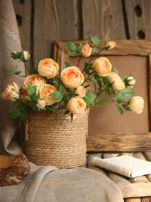 1 pièce Fleur artificielle réaliste en PU ressemblant à de la soie avec 4 fausses roses roses et blanches - Décoration de maison de style ferme moderne pour mariage, Pâques, fournitures de fête de printemps - Décoration de chambre, salon, jardin et mur de style vintage pour l'automne