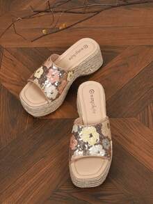 Women's Casual Comfortable Platform Wedge Rope Summer Slide Sandals - Gold - View 3
