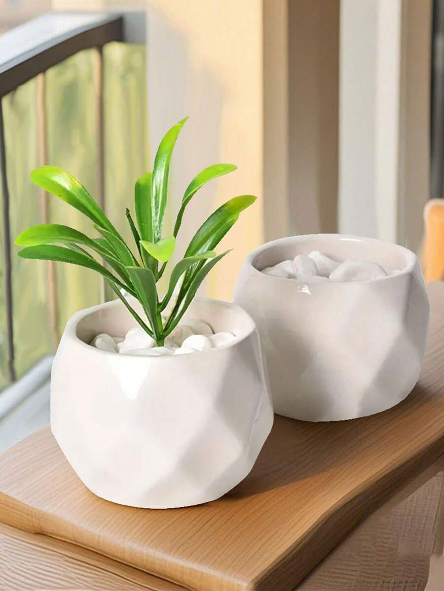 2 件简约陶瓷多肉植物花盆，大型砖石设计花盆，适用于室内外办公桌