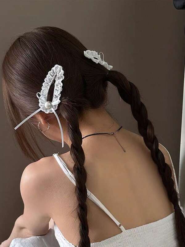 2pcs Set Faux Pearl Bow & Lace Wave Hair Clip, Cute Side Bangs Hairpin Hair Accessory, School Stuff, Elegant, College, Pearl Hair Accessories