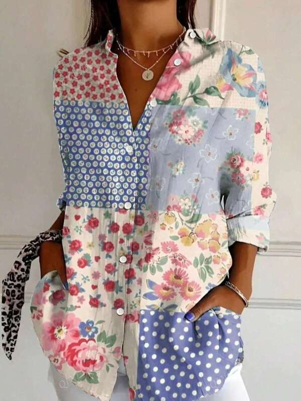 Women's Casual Commuter Blouse, Bohemian Geometric Print Long Sleeve Shirt