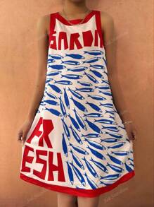 Abito estivo casual da donna in stile bohémien per vacanze, con fantasia vivace a contrasto di colori, stampa di lettere e motivi marini, senza maniche, scollo tondo, adatto per brunch