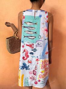Sea Starshine Boho Beachwear Spring And Summer Fashion Vacation Casual Tropical Sardine Vibrant Ocean World English Letter Print Dress Brunch Outfits For Women
