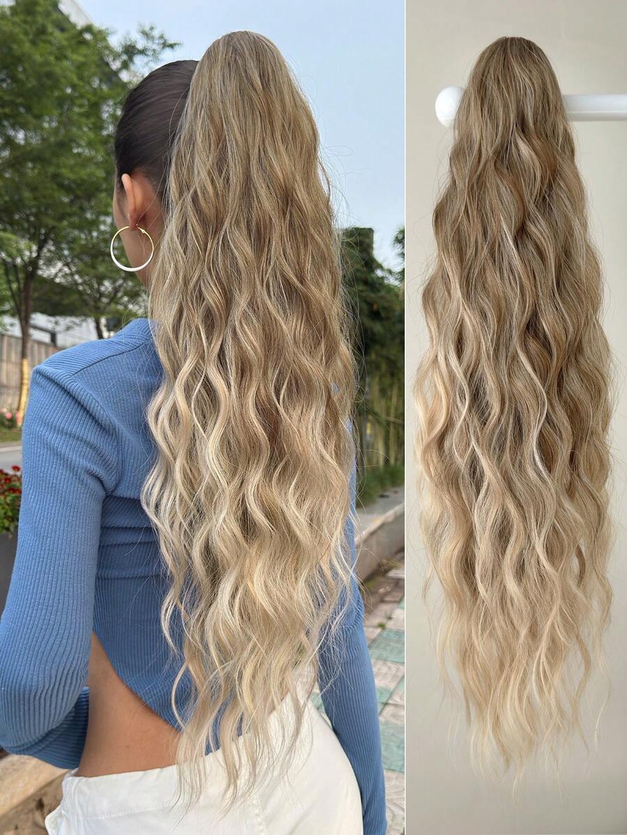 Claw Ponytail Extension Hair Long Wavy Bouncy Curls Brown With Golden Color 24 Inch Heat Resistant
