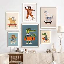1PC Optional Frame Modern Funny Animals Rabbit Dog Bear Cat Lion Skateboard Posters Prints Crocodile Wall Arts Canvas Room Decor ,Wall Art With Frame - Multicolor - View 5