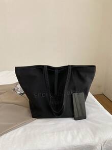 Letter Print Large Capacity Canvas Tote Bag, Fashion Handbag, Versatile Shoulder Bag For Women, Casual Commuter Bag, Spacious School/Office Bag - Black - View 6