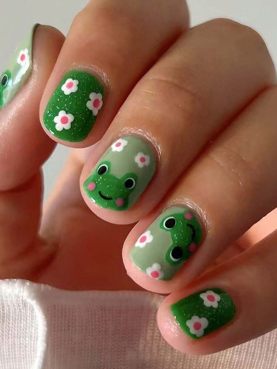 24张夏日清新可爱青蛙美甲贴纸，包含1个指甲锉和1卷双面胶带，美甲用品 - 綠色 - 查看 1