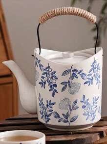 1 Set de tetera con taza de té de estilo japonés, con capacidad grande y asa con diseño floral, juego de té de porcelana blanca gruesa y vintage con filtro, tetera de cerveza de restaurante, de vuelta a la escuela