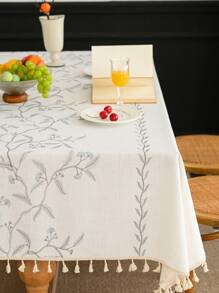 1 Stück wasserfeste rechteckige Tischdecke mit delikater 3D-Stickerei und Quastenverzierung, geeignet für Wohnzimmer, Esszimmer, Restaurant, Hotel