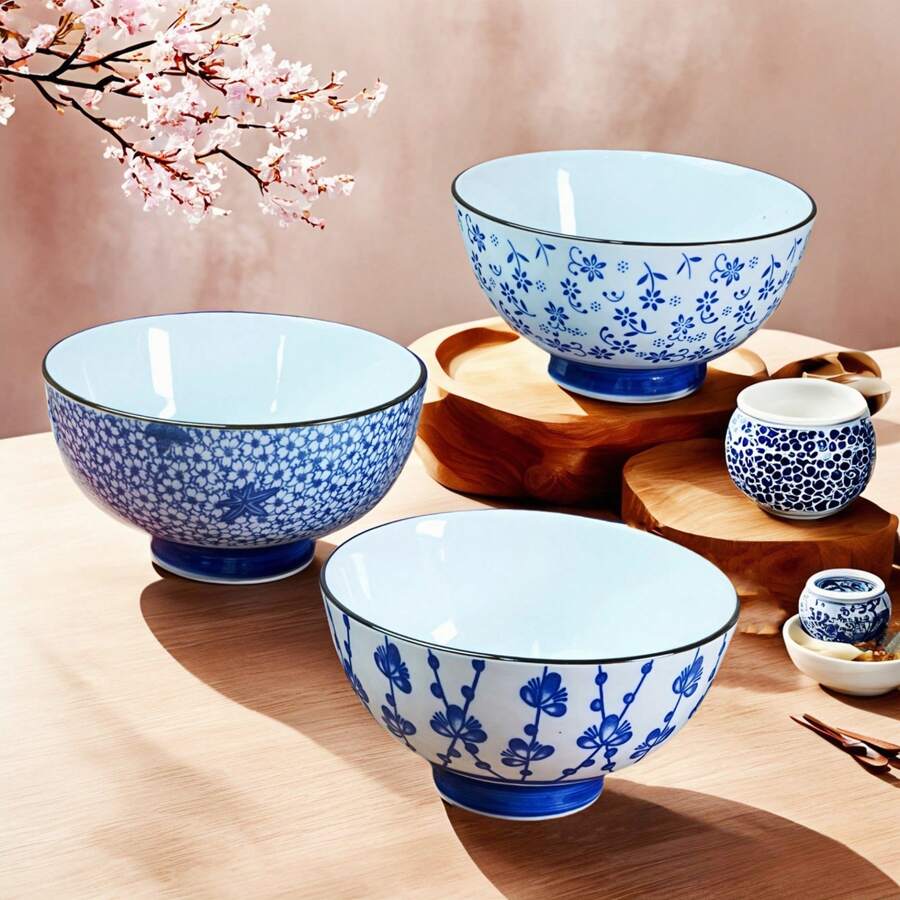 3pcs- Rice Bowls Set - Vibrant Underglaze Color, Creative Ceramic, Small Soup Bowl, 4.5 Inch Diameter, Tableware, Household Essentials, Microwave And Dishwasher Safe, Easy To Clean