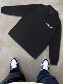 Men's Long Sleeve Casual Letter Graphic Simple Fashionable Turndown Collar Printed Jacket , Spring Autumn, Fall