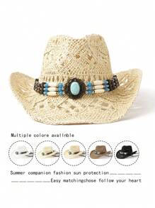 1pc Zirconia Chain Decor Breathable Hollow Out Cowboy Hat, Unisex Fashion Personalized Summer Sun Hat, Suitable For Beach, Vacation, Daily Wear