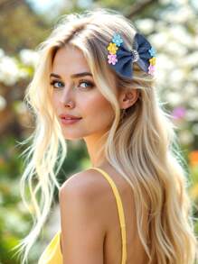 2 Stücke blaue Jeans Haarbögen für Frauen und Mädchen, bunte Haarbögen mit Kunstperlenblume, Haarstyling-Clips, süßer Blumendekoration, Denim-Haarbögen, Lässig-Bögen, Barettes, Urlaubsoutfits, Haarspangen, Frauenhaarschmuck, Klemmclips