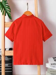 Tween Boys Summer New Wave Ribbed Stand Collar Short Sleeve Casual Comfortable Fashionable Solid Color Button-Down Shirt - Red - View 2