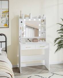 HEXCELEN Dressing Table With Mirror And Led Light, Adjustable Brightness, Dressing Table With Shelves And 2 Drawers, For Bedroom, Living Room, 40 X 80 X 149 Cm - 白色 - 查看 1