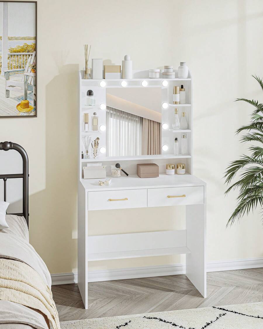 HEXCELEN Dressing Table With Mirror And Led Light, Adjustable Brightness, Dressing Table With Shelves And 2 Drawers, For Bedroom, Living Room, 40 X 80 X 149 Cm - 白色 - 查看 1