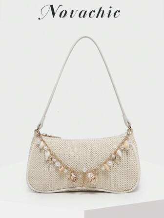 Novachic minimalistische Stroh-, Muscheldekor-, Seesterndekor Akzent Reißverschluss Schultertasche/Hobo-Tasche für Frauen, geeignet für täglichen Gebrauch & Strandurlaub, lässiger Sommerstil