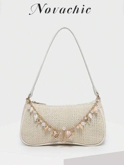 Novachic Woven Minimalist Style Shell & Starfish Decor Zipper Closure Shoulder Bag/Hobo Bag, Suitable For Daily And Holiday Use, Summer Beach Vibe (Natural Shell Accessories May Have Slight Damages During Shipping) , Beach Bag