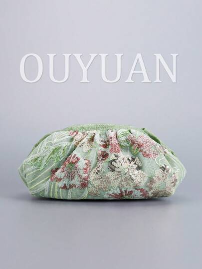 Bolso de embrague con bordado floral y lentejuelas para dama, elegante y de moda. Bolso de parches de lentejuelas y plisado. Bolso de cena bordado con pinza, adecuado para fiestas, bodas, regalos, vacaciones, citas, compras y días festivos. (La posición del patrón se recorta al azar.)