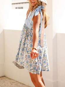 Women Tie Shoulder Mini Dress Y2K Boho Floral Striped Square Neck Babydoll Flowy Short Dress Summer Cute Loose Fit Going Out Dresses Beach Vacation Sundress - 藍色 - 查看 5