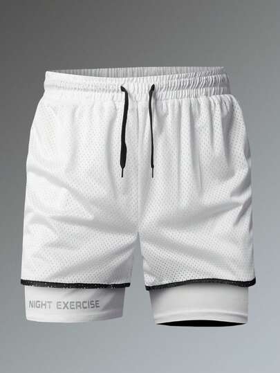 1 件男士夏季运动透气速干短裤，弹力休闲健身跑步内裤，带字母印花