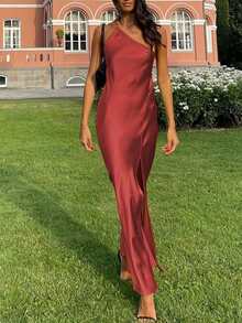 UREREM Vestido largo elegante de satén con un solo hombro, tirantes de espagueti y abertura lateral, de color liso - Burdeos - Ver 5
